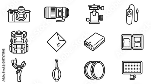 Photos Photography Gear Icons: Camera, Lens, Tripod, Backpack, Gimbal, Light, SD Card H