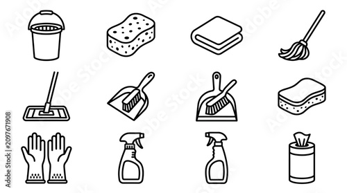 Schilderij op canvas Cleaning Supplies Icons Set: Bucket, Sponge, Towel, Mop, Gloves, Sprays, Dustpan