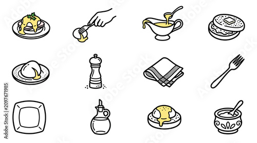 Fotografía Breakfast Icons: Eggs Benedict, Sauce, Fork, Napkin, Plate, Pepper Mill, Oil