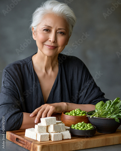Elegant mature woman with tofu edamame and greens highlighting luxury editorial nutrition clean clinical lighting and healthy aging wellness