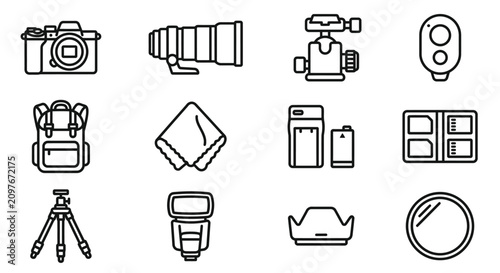 Fotografie Photography Equipment Icons: Camera, Lens, Tripod, Flash, Backpack, Memory Cards