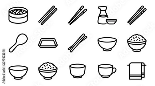 Photos Asian Cuisine Icons: Dumpling, Chopsticks, Rice Bowls, Soy Sauce, Spoon, Cup, To