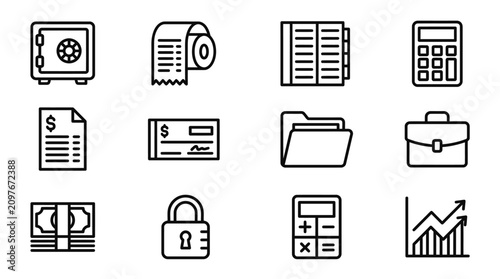 Konstfotografi Financial Icons Set: Security, Money, Documents, Calculator, Growth Chart