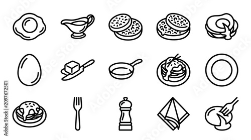 Fotografía Breakfast Food Icons: Fried Egg, Pancakes, Gravy, Butter, Egg, Plate, Fork, Pepp