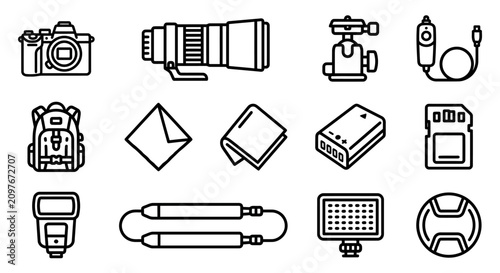 Tableau sur toile Photography Equipment Icons Set: Camera, Lens, Tripod, Flash, Bag, SD Card, LED