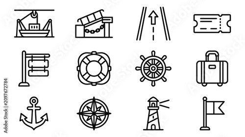 Bild auf Leinwand Nautical and Travel Icons Set: Anchor, Compass, Lighthouse, Ship, Suitcase, Tick