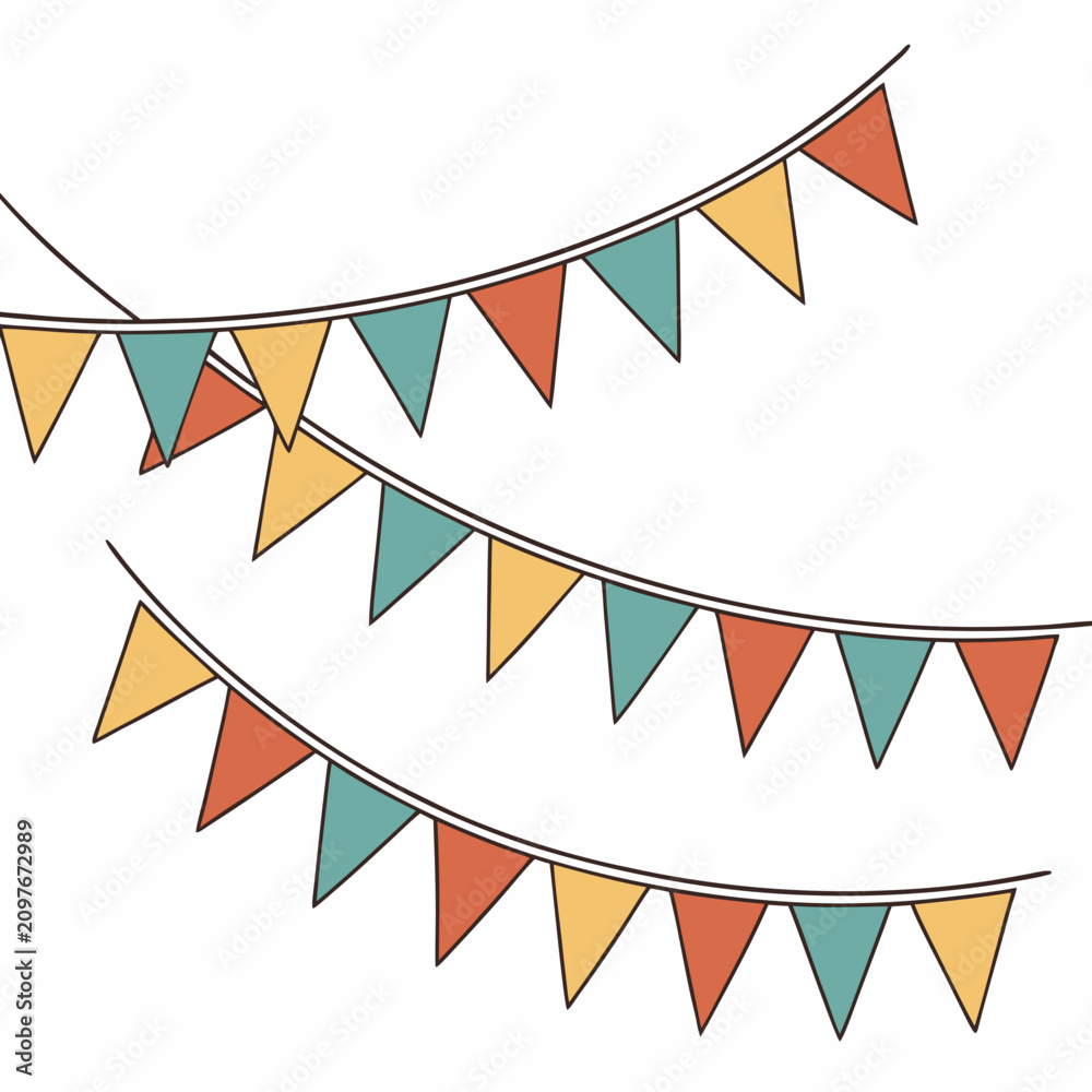 Fototapeta premium Festive bunting banners with colorful triangle flags vector collection for party decor and holiday event background designs isolated on white backdrop for versatile use in digital and print media.