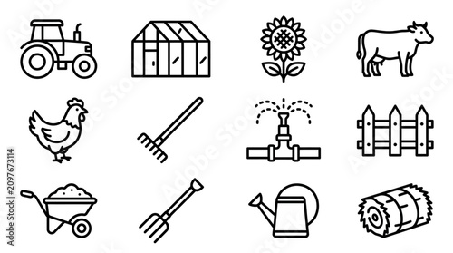 Foto Farm Icons: Tractor, Greenhouse, Cow, Chicken, Sunflower, Hay Bale, Tools