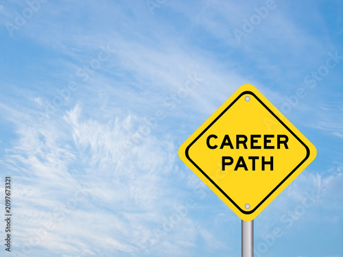 Yellow transportation sign with word career path on blue color sky background