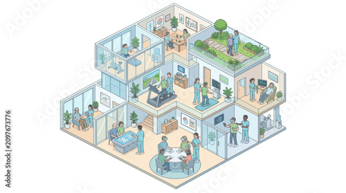 Modern rehabilitation center with physical therapy and wellness areas