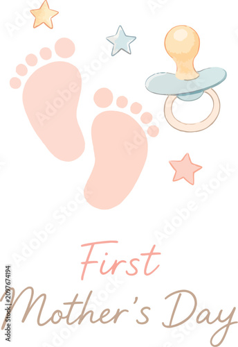 First Mother's Day Illustration with Baby Footprints and Pacifier on Black. A charming watercolor illustration for a first Mother's Day, featuring baby footprints, a pacifier, and stars