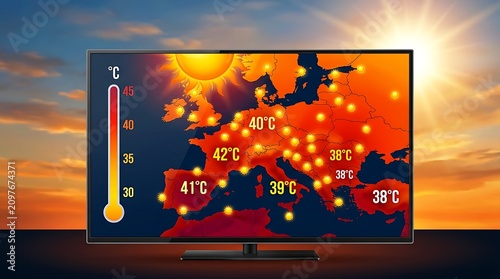 European heatwave showcases extreme high temperatures on weather map with major cities like Madrid and Rome exceeding 40 degrees celsius.
