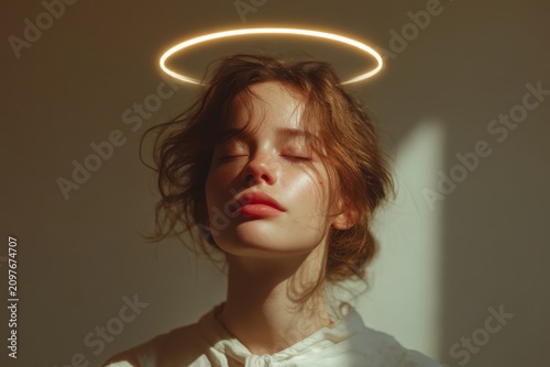 Angel Aura: A serene young woman with eyes closed and a soft halo of light above her head embodies purity and tranquility, bathed in a gentle glow.