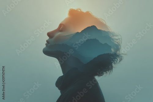 Meditative Mindscape: A surreal double exposure blends the profile of a serene individual with the majestic peaks of a mountain range, evoking a sense of inner peace and profound connection to nature.