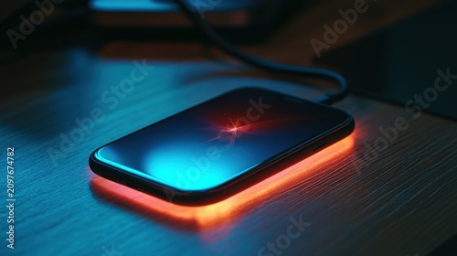 Sleek electronic device glows with vibrant red and blue illumination on a wooden surface.