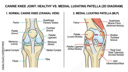 Foto Canine Knee Joint Anatomy Diagram: Healthy vs