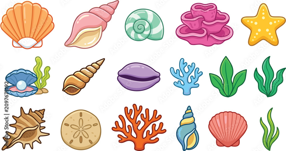Obraz premium Colorful Marine Life Vector Icon Set with Exotic Seashells, Starfish, Pearl Clam, Ocean Coral Reef Elements, Seaweed, and Tropical Beach Treasures