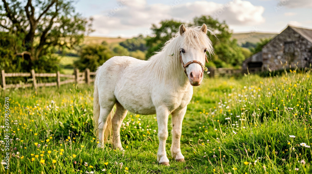 Fototapeta premium Cute white horse standing in a green meadow. Small white pony in a field with flowers