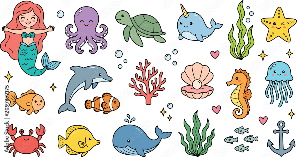 Obraz premium Cute Kawaii Mermaid and Sea Animal Vector Icon Set with Whale, Dolphin, Octopus, Turtle, Seahorse, Crab, and Magical Underwater Ocean Elements