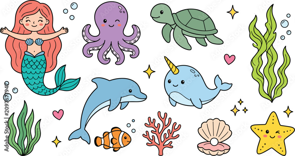 Fototapeta premium Cute Kawaii Mermaid and Sea Animal Vector Icon Set with Dolphin, Narwhal, Octopus, Sea Turtle, Clownfish, Starfish, and Magical Underwater Elements