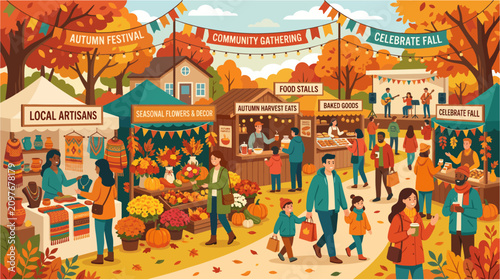Community autumn festival featuring local artisans, seasonal flowers, food stalls and people wearing light jackets, cultural and social gathering concept, colorful 2D flat vector illustration