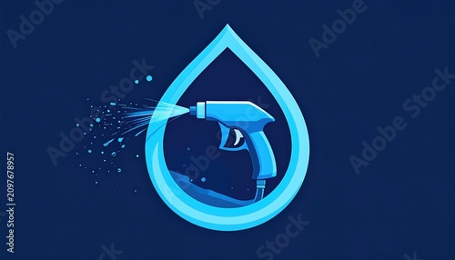 Blue water drop silhouette with a spray gun emitting water streams