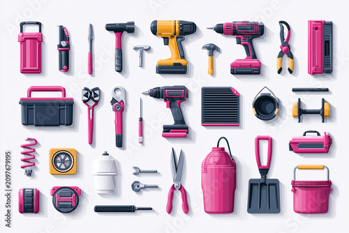 Pink and yellow colored hand tools and equipment