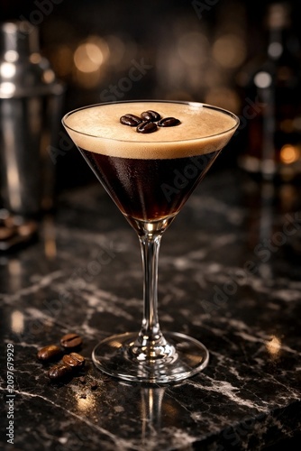 Espresso Martini cocktail with coffee beans on dark marble bar counter