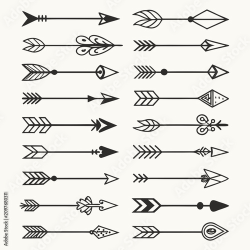 Bohemian tribal arrow set with hand drawn ethnic details and rustic ornaments vintage vector collection for creative branding graphic design elements isolated on white background decorative line art.