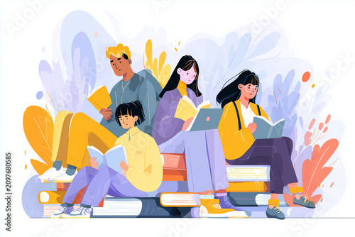 Young people reading while sitting on giant stacked books