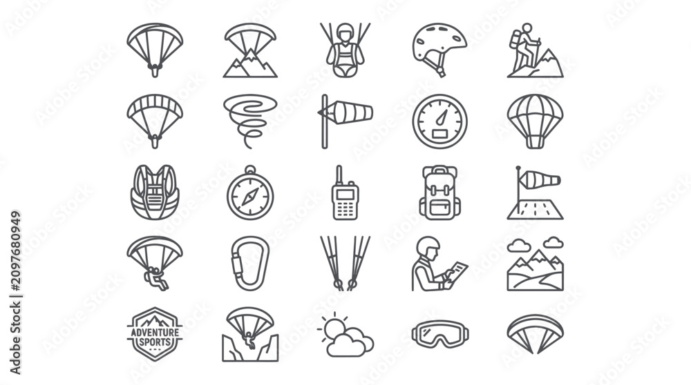 Fototapeta premium Paragliding and extreme air sports line icon set