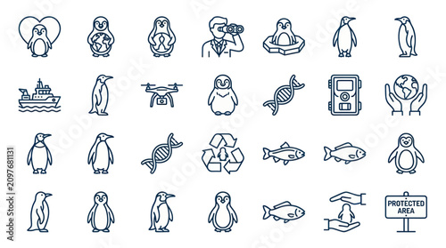 Foto Penguin species and marine wildlife conservation line icons.