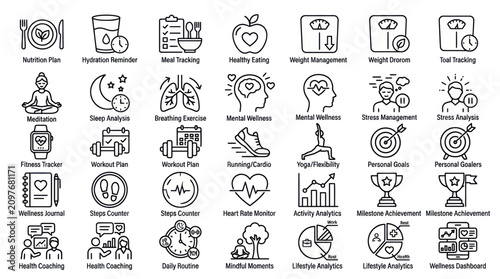 Foto Personal health tracking and wellness activity icons.