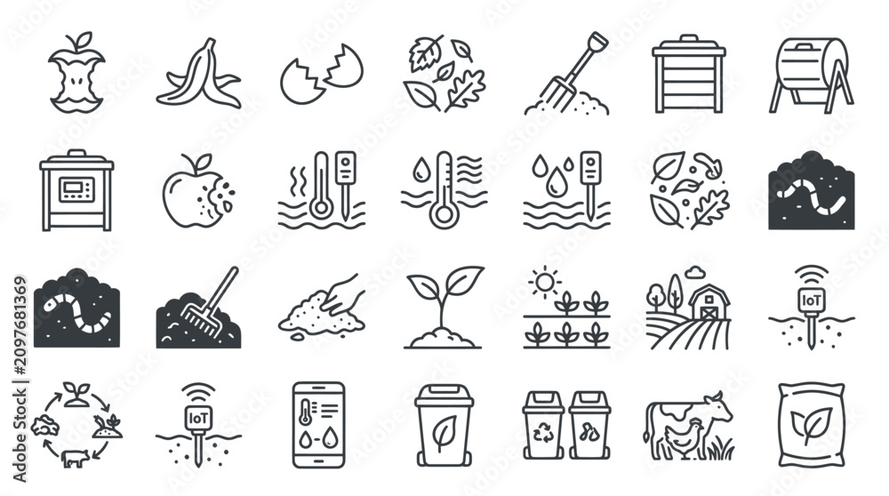 Fototapeta premium Organic waste composting and sustainable soil management icons