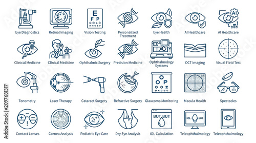 Foto Optometry surgery tools and ophthalmic medical line icons.