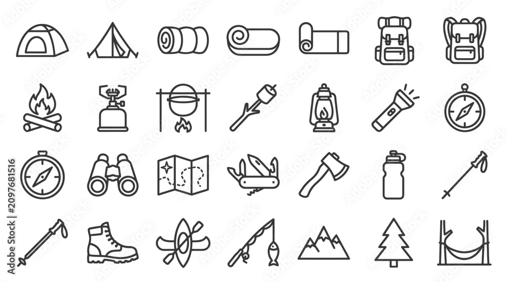 Fototapeta premium Outdoor camping and hiking adventure icons.