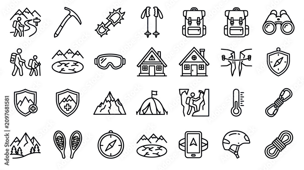 Fototapeta premium Outdoor hiking and mountaineering equipment icons set.