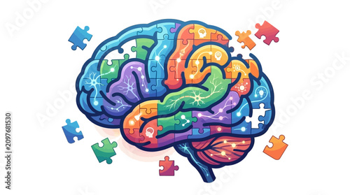 Colorful jigsaw puzzle human brain with glowing neural networks