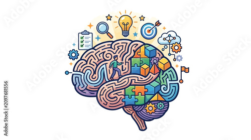 Cognitive brain maze with human figure and success icons