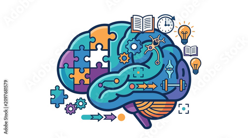Colorful human brain illustration with puzzle and logic icons