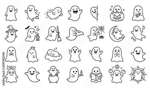Fotografija Funny and Spooky Halloween Ghost Outline Icon Set – 28 Hand Drawn Smiling Spirit