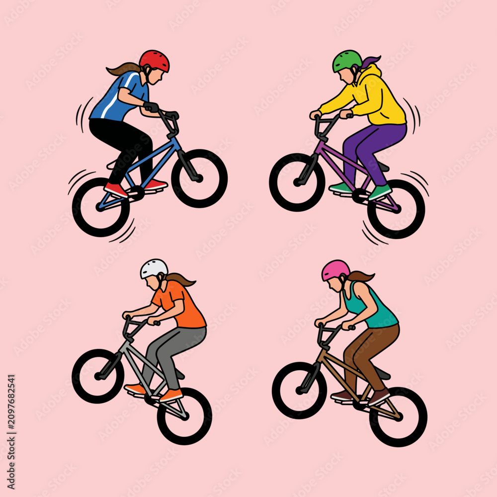 Obraz premium Set of four different young people riding bmx bikes performing stunts with freestyle, recreation