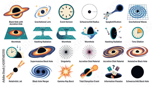 Flat Vector Black Hole and Spacetime Physics Concepts Icon Set