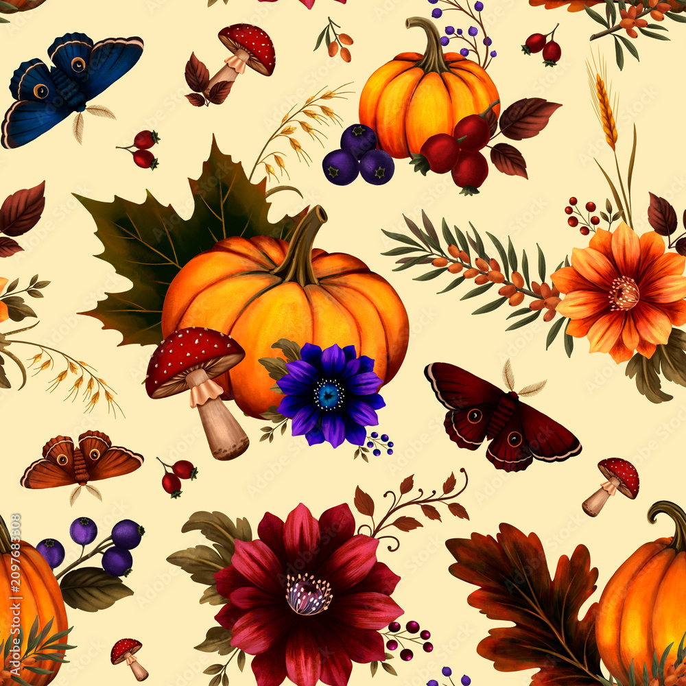 Fototapeta premium Hand Painted Autumn Seamless Pattern with Pumpkins, Moths and Botanical Elements