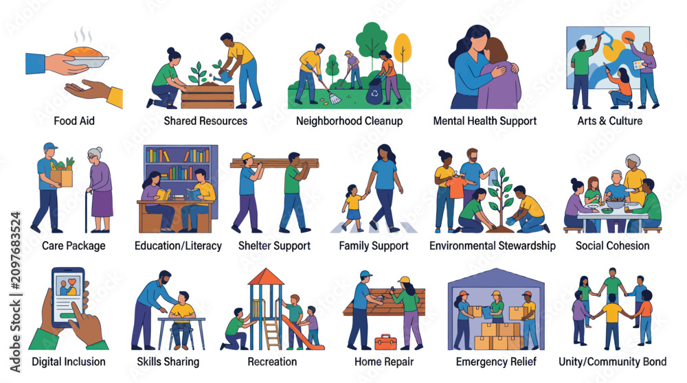 Fototapeta premium Flat Illustration of Community Support Activities for Social Services and Nonprofits