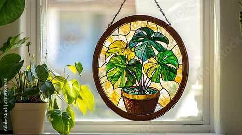 Stained glass panel with monstera plant design hanging by window with houseplants