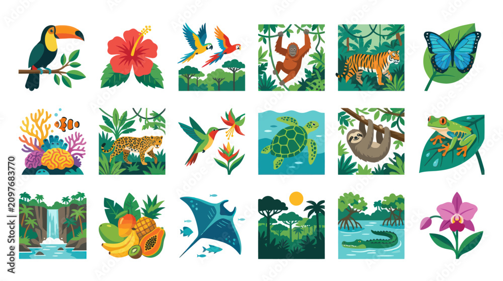 Obraz premium Vibrant Tropical Rainforest Wildlife and Flora Flat Icons Set
