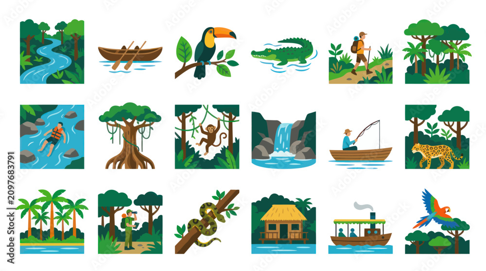 Obraz premium Flat Vector Icons of Amazon Jungle Rainforest Wildlife, Animals, and Nature Adventure Activities Set