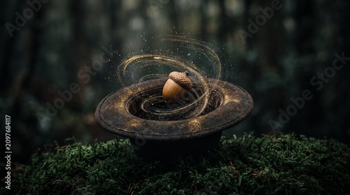 Magical acorn floating in a mystical forest, glowing golden energy swirls around a floating nut, enchanted woodland fantasy scene with moss and sparkles