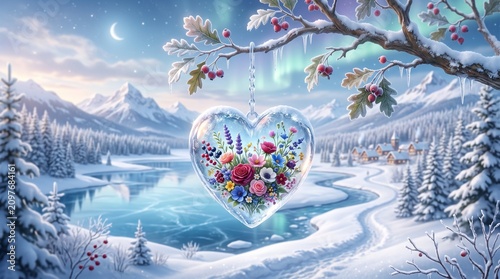 Whimsical glass heart ornament with spring flowers, snowy winter mountain landscape with aurora borealis, magical frozen lake scenery